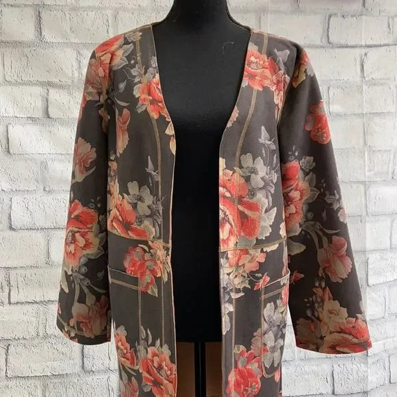 Floral Print Open Front Jacket - Picture 1 of 6